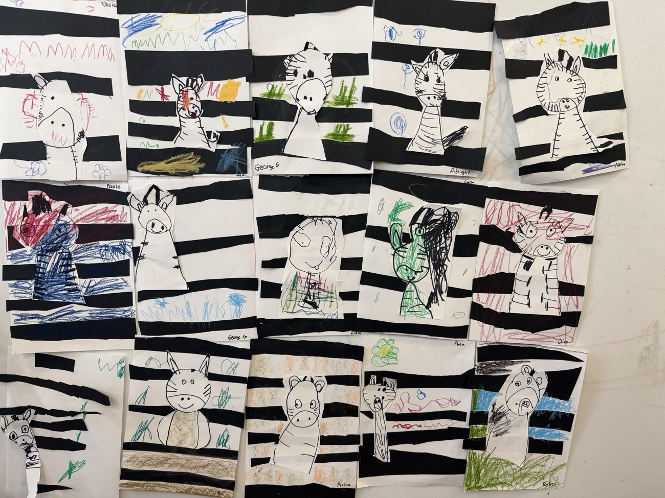 Dozens of finished black and white artworks laid out together
