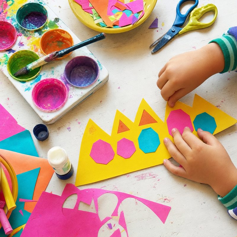 A bright paper crown with paper jewels being glued on