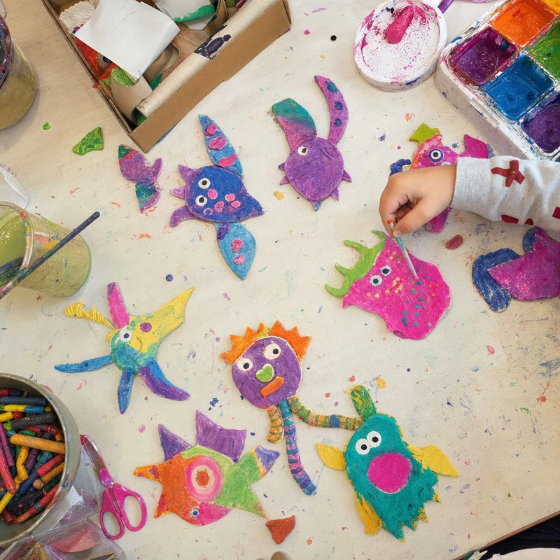 Little salt dough creatures painted in bright colours drying on a tray