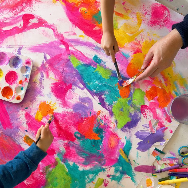 A whole-table painting with small hands and a grown-up hand painting together