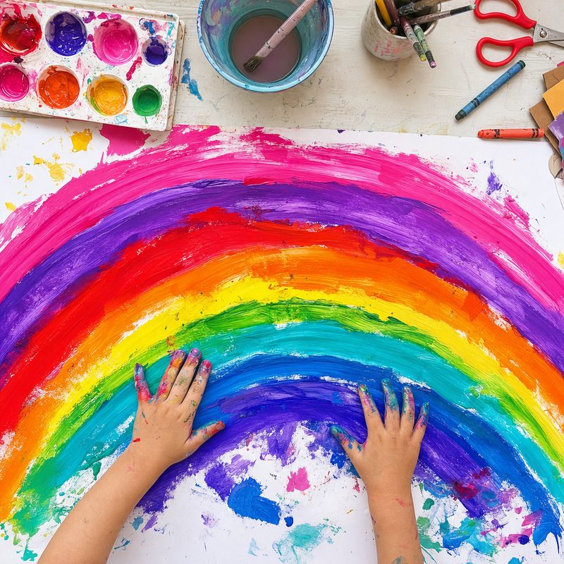A giant finger-painted rainbow on a big sheet of paper