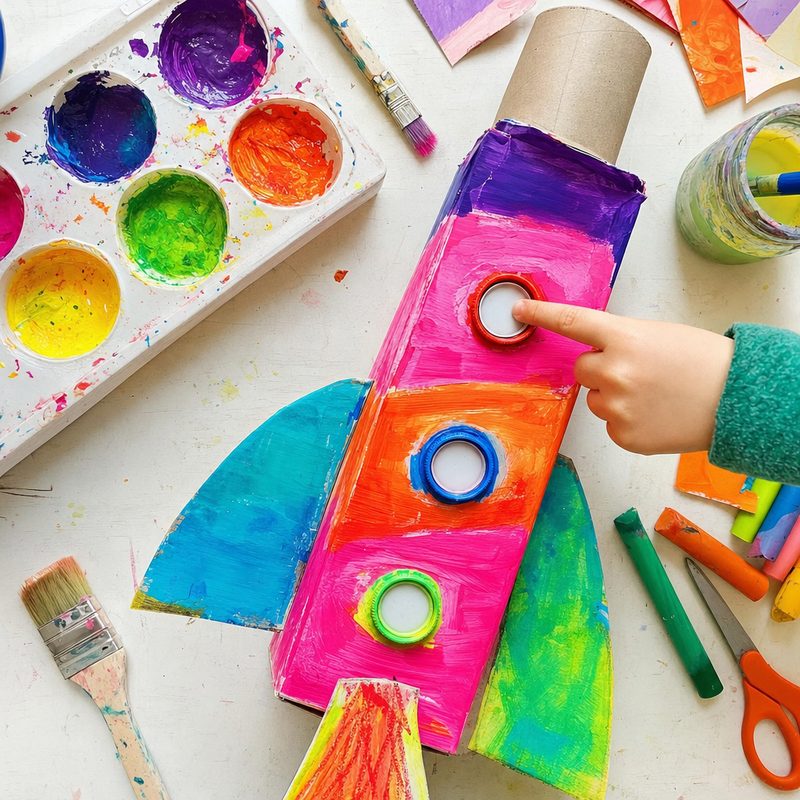 A rocket built from cereal boxes, half painted in bright colours