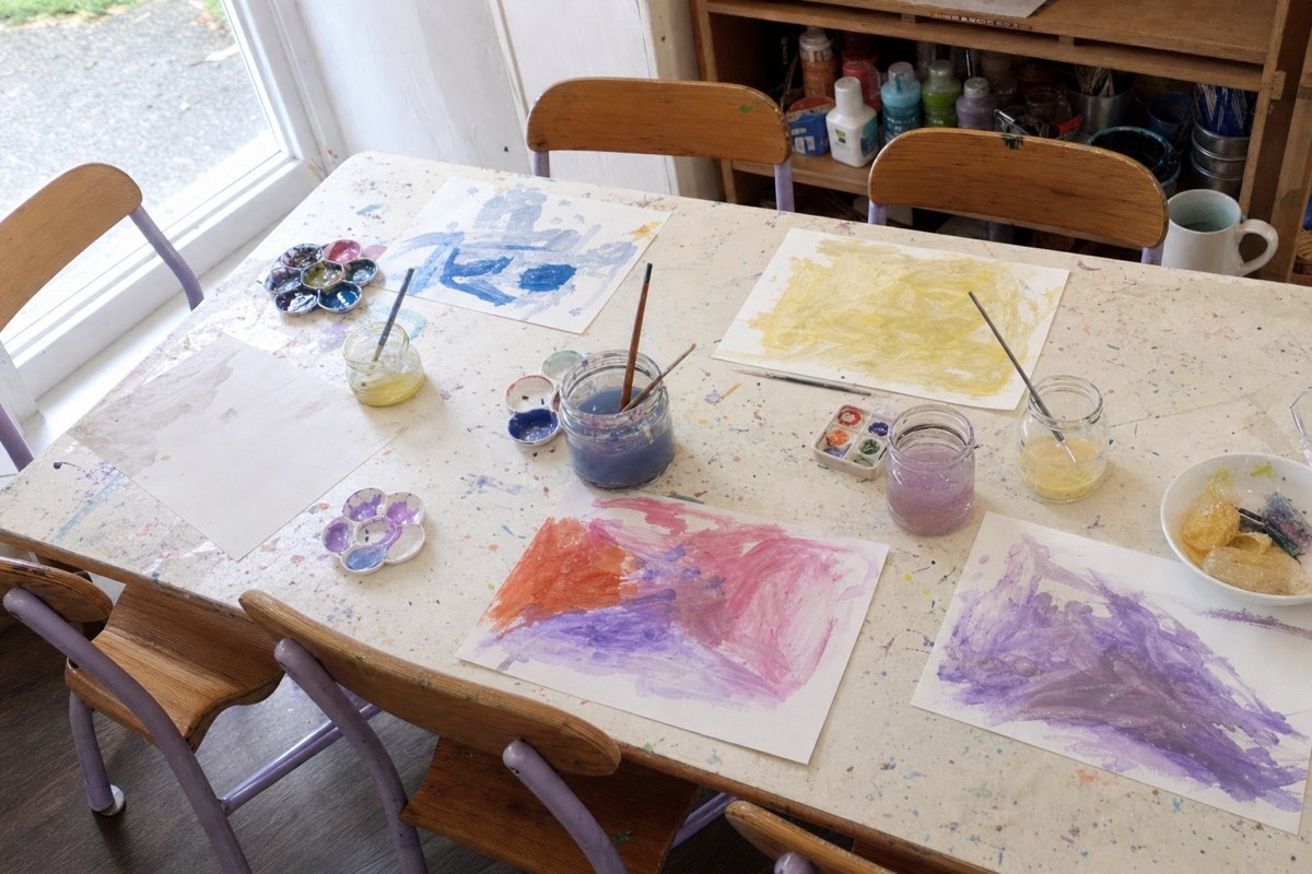 The same kind of art table mid-session: five places, five different paintings in progress, brushes resting in cloudy jars