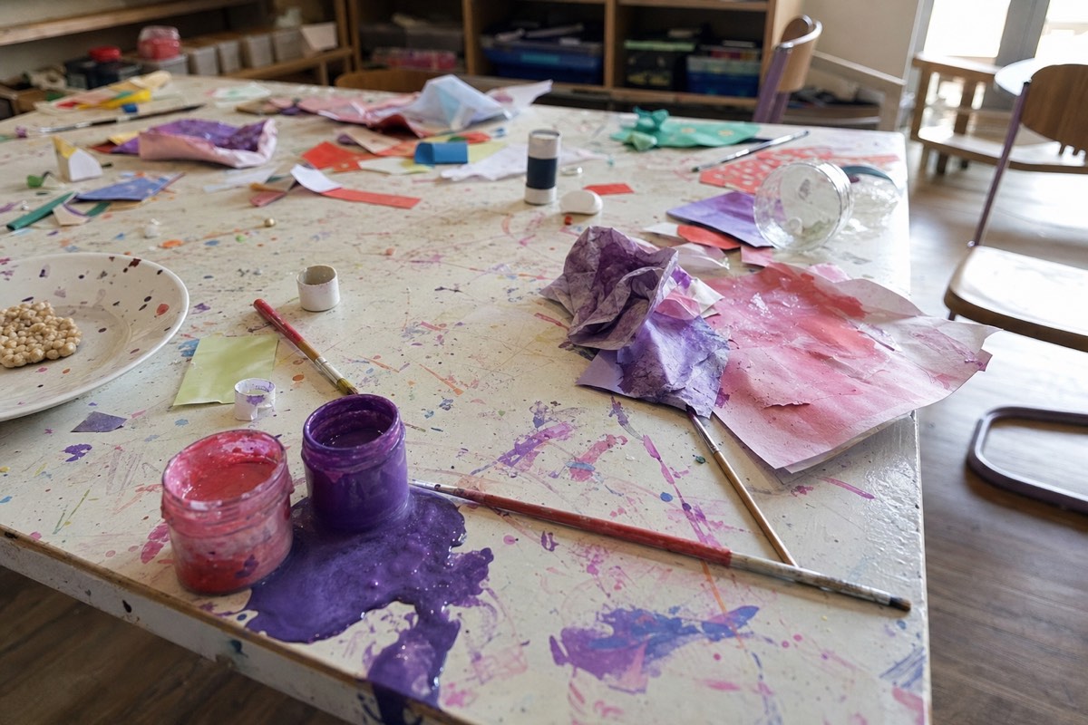 A children's art table after a session has gone wrong: paint pots tipped and spilling, crumpled wet paper, brushes dropped, chairs pushed out