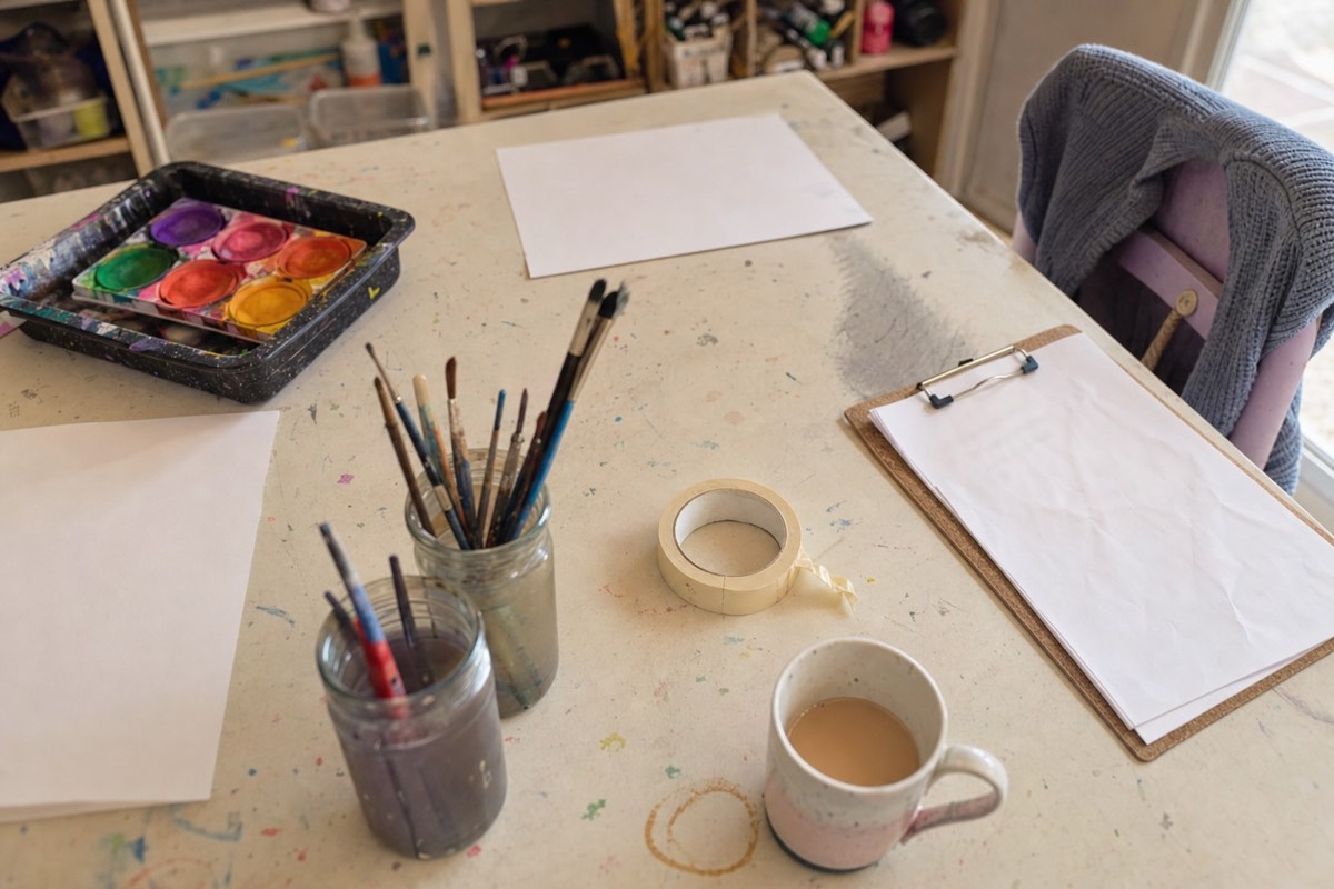 A children's art table at 8:40 in the morning, half set up: crooked paper, paint palette in a tray, brushes in two jars, masking tape, a clipboard and a cup of tea